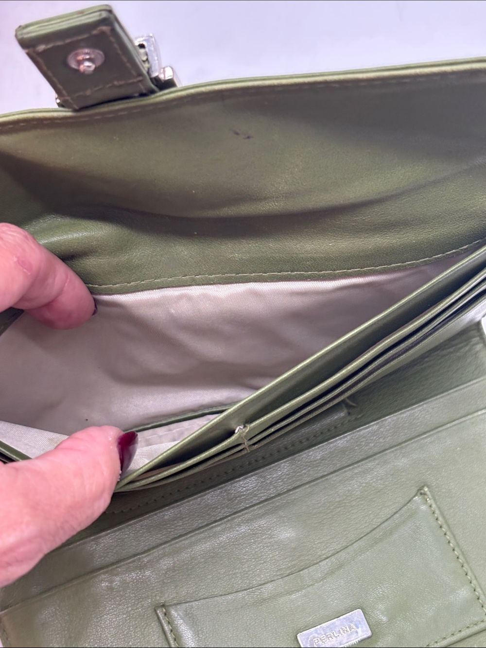 Perlina Olive Green Leather Clutch with Silver Buckle - Picture 4 of 9